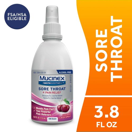 Mucinex® InstaSoothe Sore Throat + Pain Relief Sore Throat Spray. Powerful sore throat relief with soothing cherry flavor. Mucinex® InstaSoothe Sore Throat + Pain Relief Sore Throat Spray. Powerful sore throat relief with soothing cherry flavor.