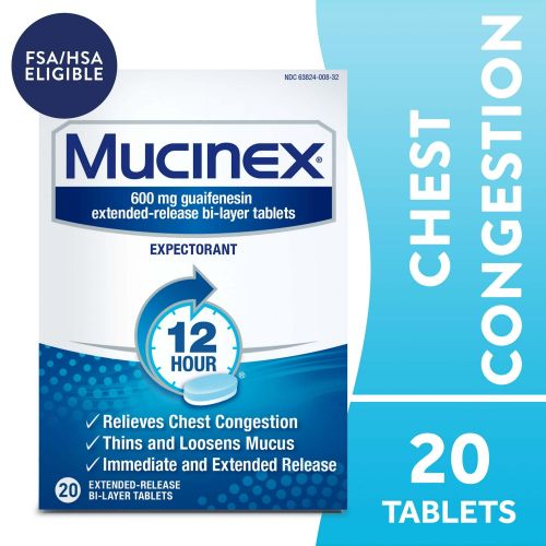 Mucinex 12 Hour Expectorant, OTC Medicine for Excess Mucus Relief, Chest Congestion, FSA, 20 Tablets Mucinex 12 Hour Expectorant, OTC Medicine for Excess Mucus Relief, Chest Congestion, FSA, 20 Tablets